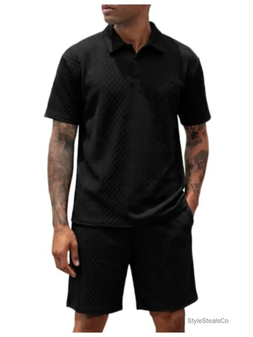 Mens 2 Piece Outfits Textured Knit Polo Shirt and Shorts Set Summer Vacation